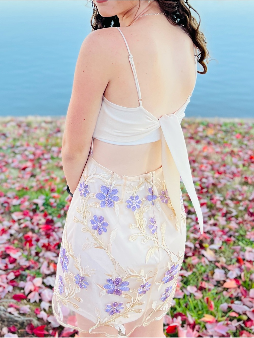 Lucy in the Sky Floral Embroidered Mini Dress Cream Purple Size S Tie Back